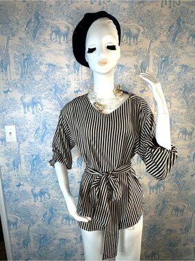 Black & White Striped bow Tie Waist Blouse | Dolman Sleeve Parisian Top 🎀